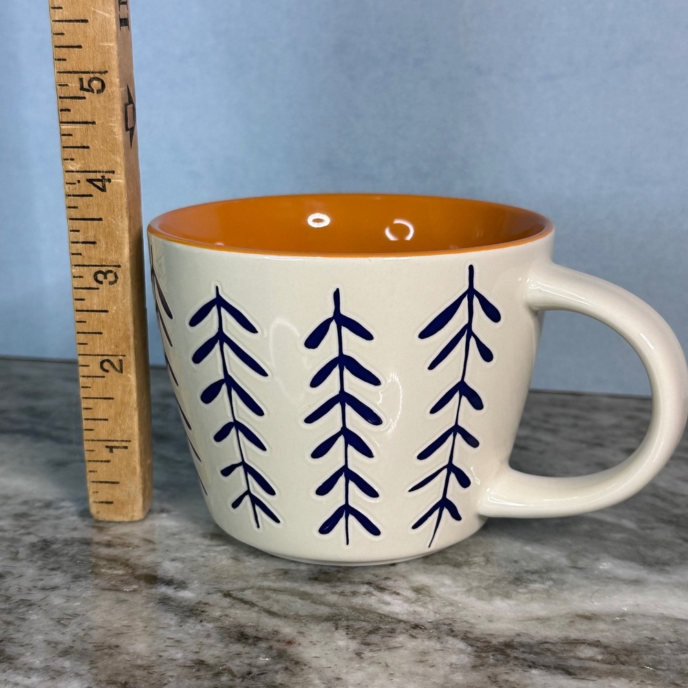 Opalhouse Stoneware‎ Coffee Mug Cream Navy Blue Leaf Branch Orange Interior - Picture 6 of 6